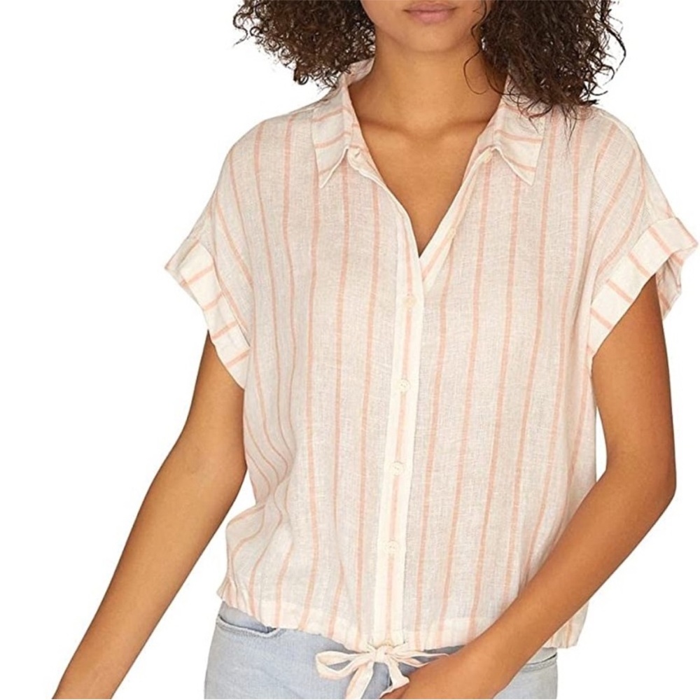 Sanctuary Pink and White Striped Button-Down Shirt Linen Blend
